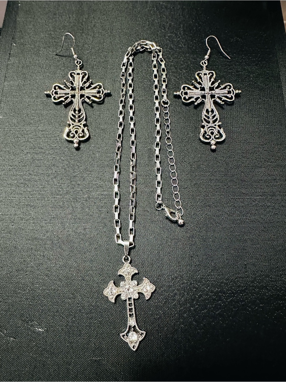 Silver Cross Pendant Necklace and Earrings Set - Classic Religious Jewelry